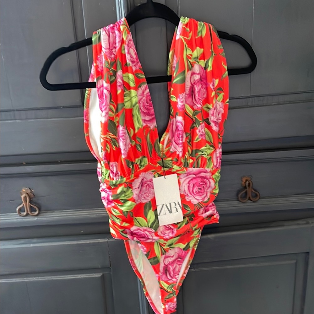 Zara Red and Pink One Piece Swimsuit with Plunging Neckline